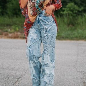 Aphrodite Ripped Revival Light Blue Cross Patchwork Jeans